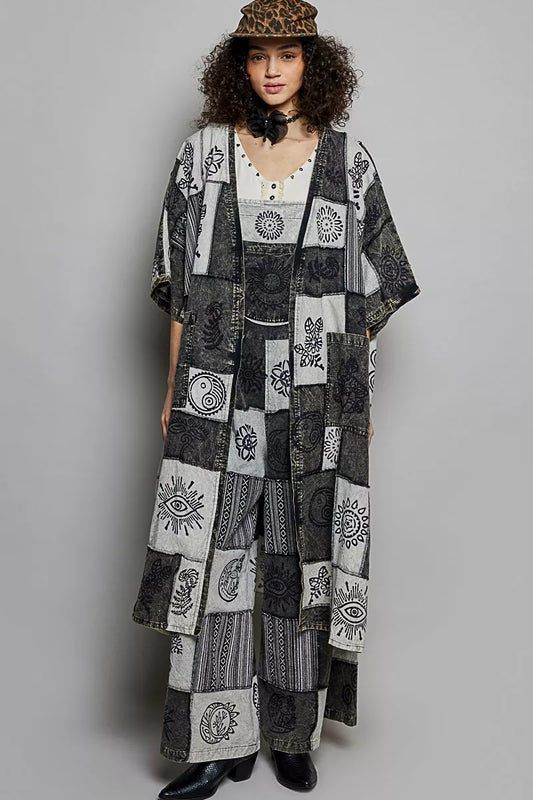 POL Open Front Printed Patchwork Longline Cardigan-0
