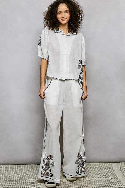 POL Button Down Embroidered Floral Short Sleeve Shirt-4
