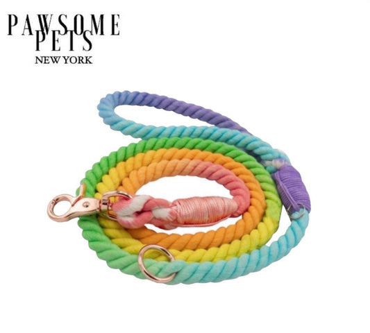 Pawsome Pets Pastel Rainbow Rope Leash, 5ft, durable nylon with pastel rainbow design for walking dogs.
