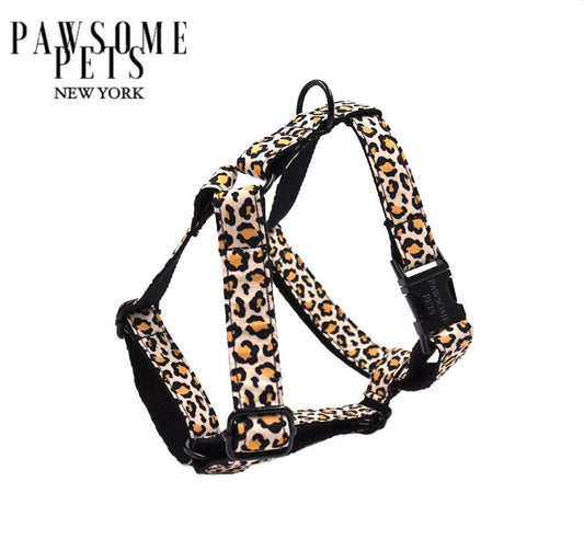 Leopard print polyester step-in dog harness with rope leash from PAWSOME PETS, showcasing adjustable straps and stylish design.