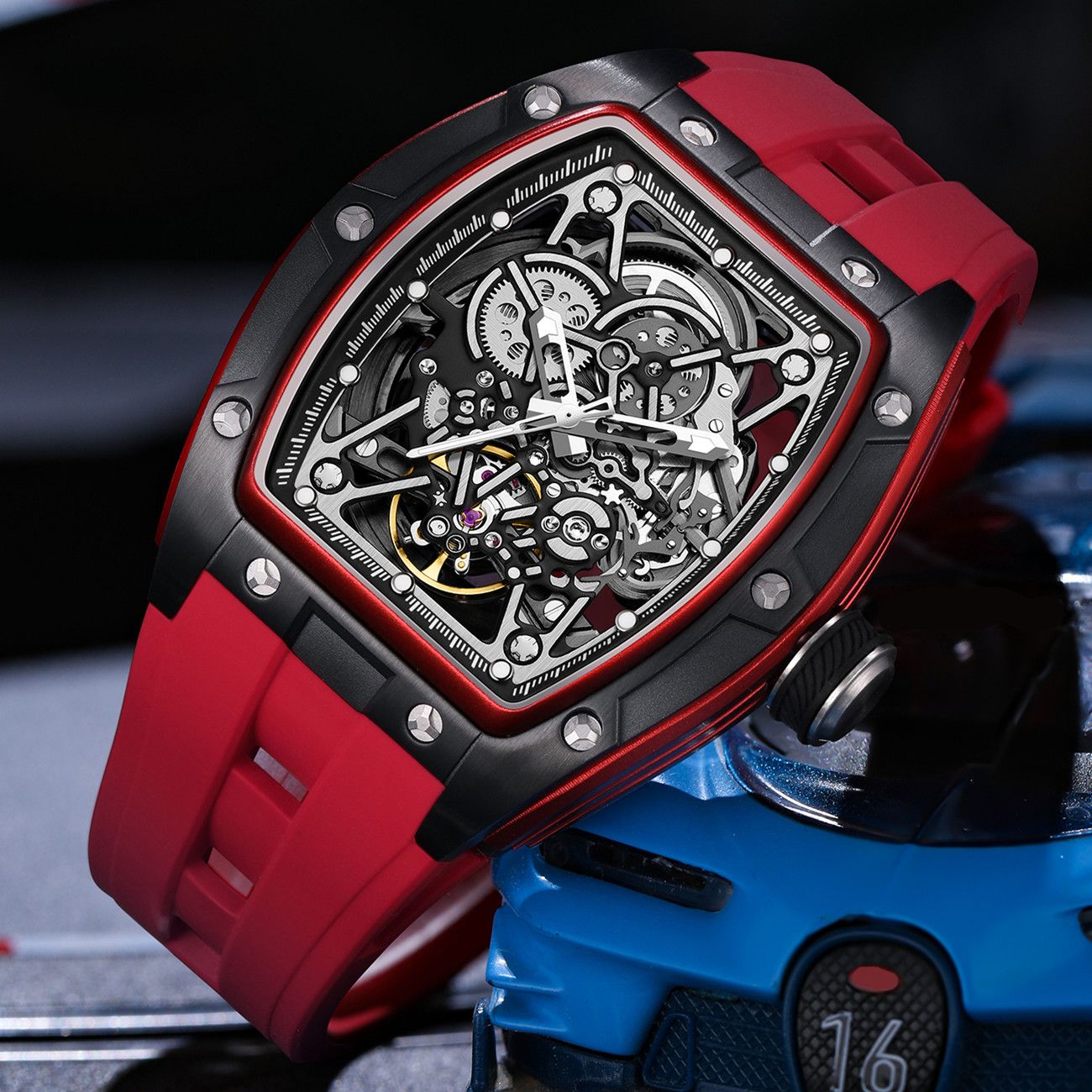 MEGIR Men's Mechanical Watch Fashion Hollow Out Automatic Movement Sport Wristwatches Waterproof Silicone Strap Watches 9198-3-6