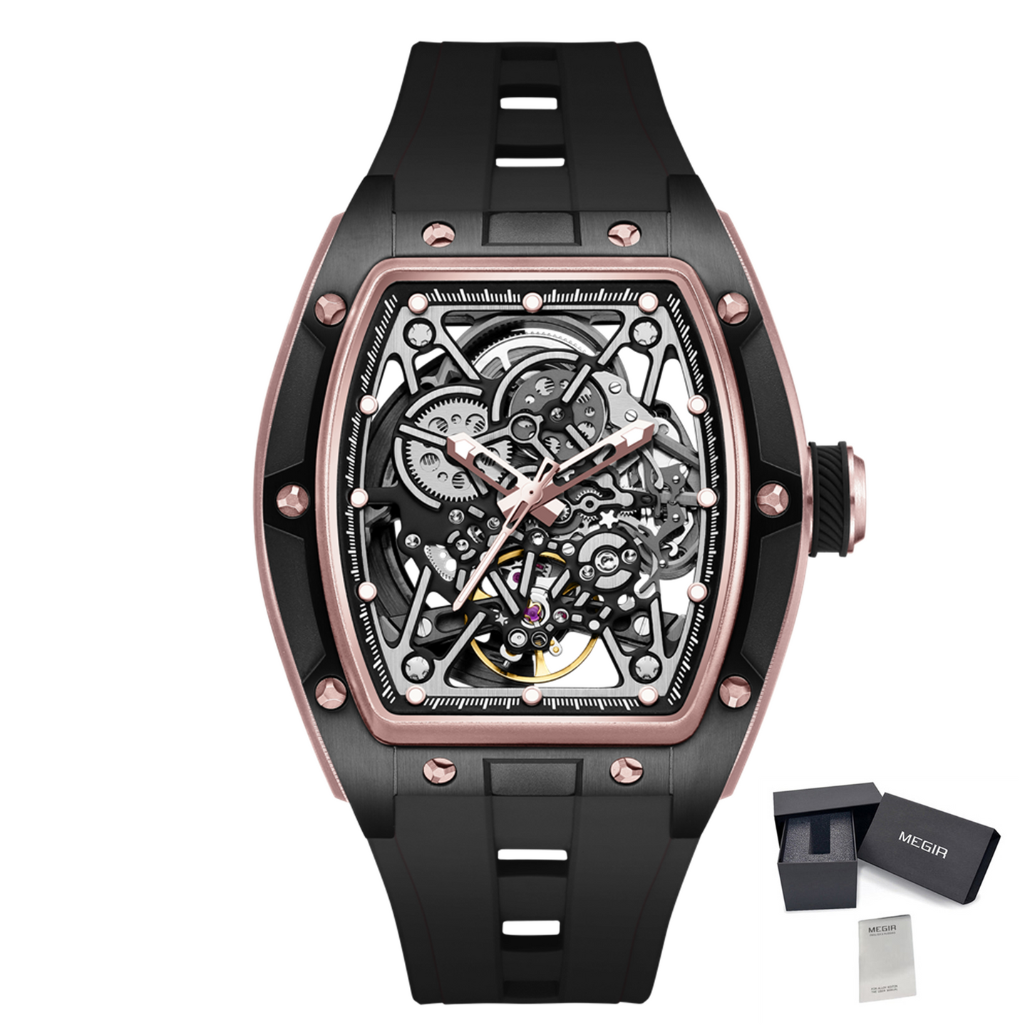 MEGIR Men's Mechanical Watch Fashion Hollow Out Automatic Movement Sport Wristwatches Waterproof Silicone Strap Watches 9198-3-21