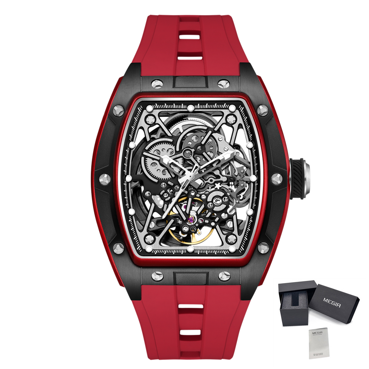 MEGIR Men's Mechanical Watch Fashion Hollow Out Automatic Movement Sport Wristwatches Waterproof Silicone Strap Watches 9198-3-20