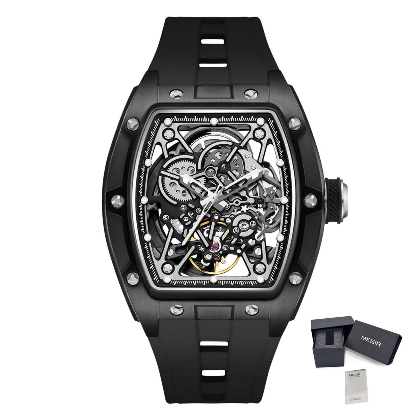 MEGIR Men's Mechanical Watch Fashion Hollow Out Automatic Movement Sport Wristwatches Waterproof Silicone Strap Watches 9198-3-18