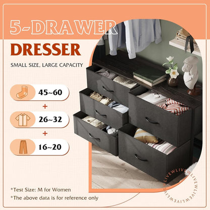 Charcoal Black Fabric Dresser With 5 Drawers For Bedroom Storage-4