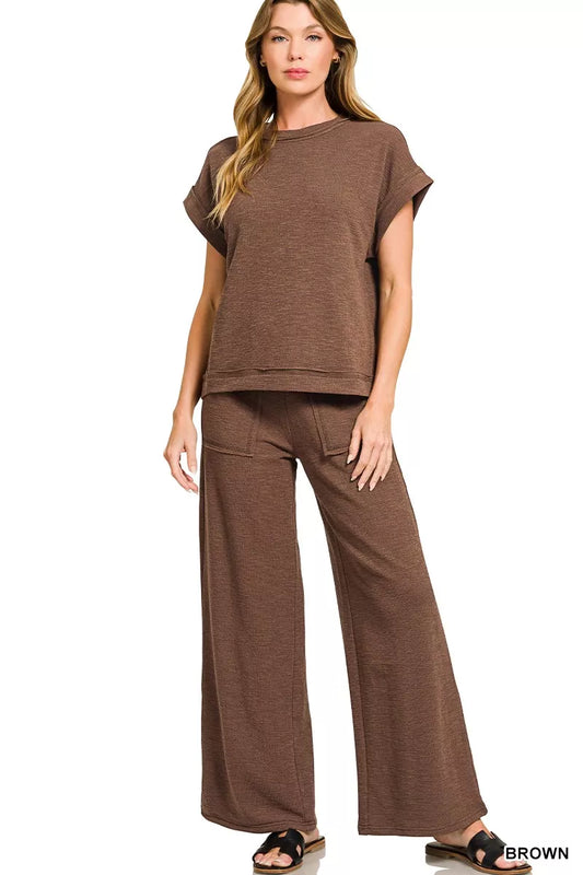 Zenana Cotton Slub Short Sleeve Tee and Pants Set-0