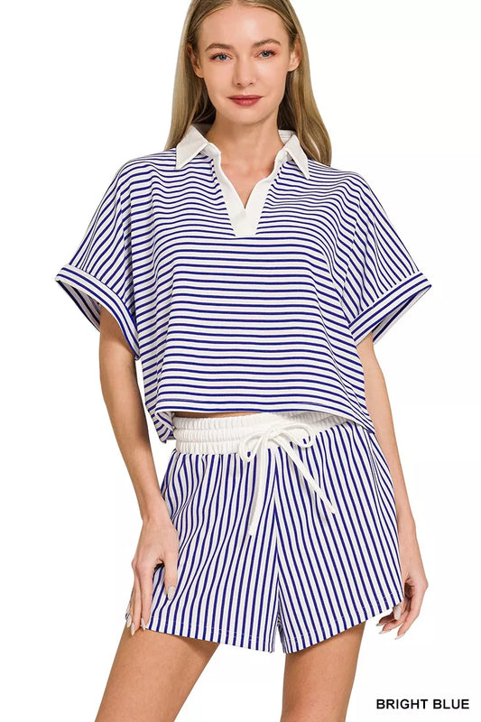 Zenana Striped Collared Top & Shorts Set-0