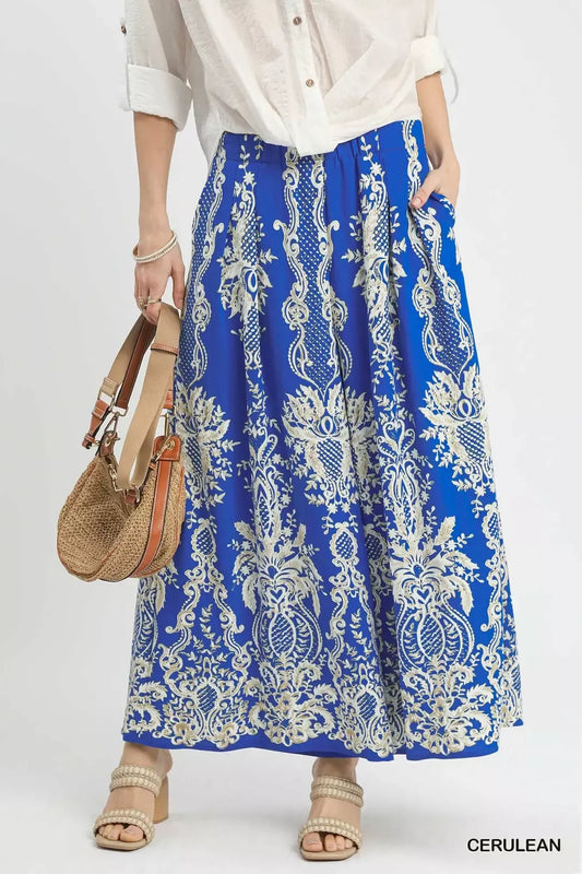 Umgee Border Print Wide Leg Pants-0