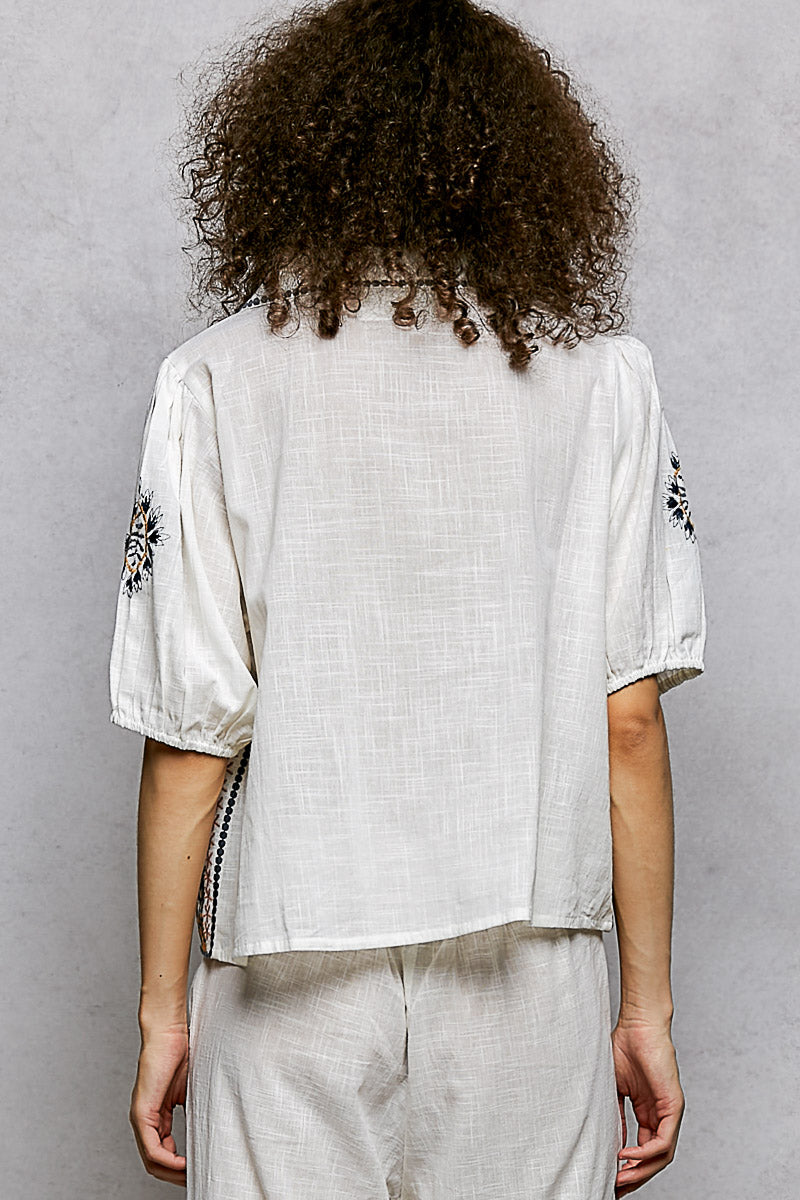 POL Button Down Embroidered Floral Short Sleeve Shirt-3