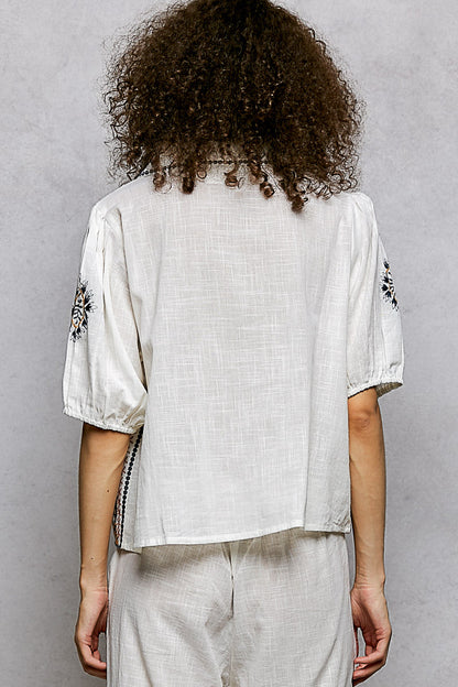 POL Button Down Embroidered Floral Short Sleeve Shirt-3