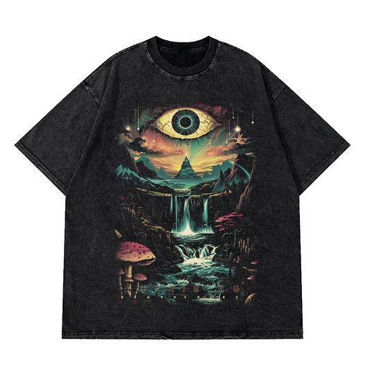 Vintage Washed Cotton Dark Fantasy Forest Eye Graphic T-Shirt-0