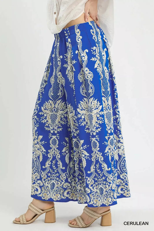 Umgee Border Print Wide Leg Pants-1