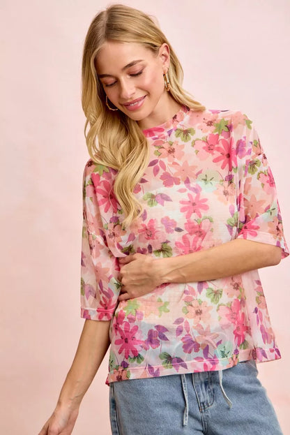 BiBi Floral Print Short Sleeves Boxy Mesh Top-4