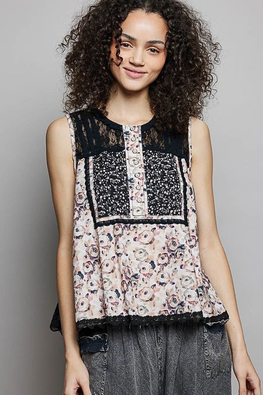 POL Printed Woven Lace Back Round Neck Sleeveless Top-0