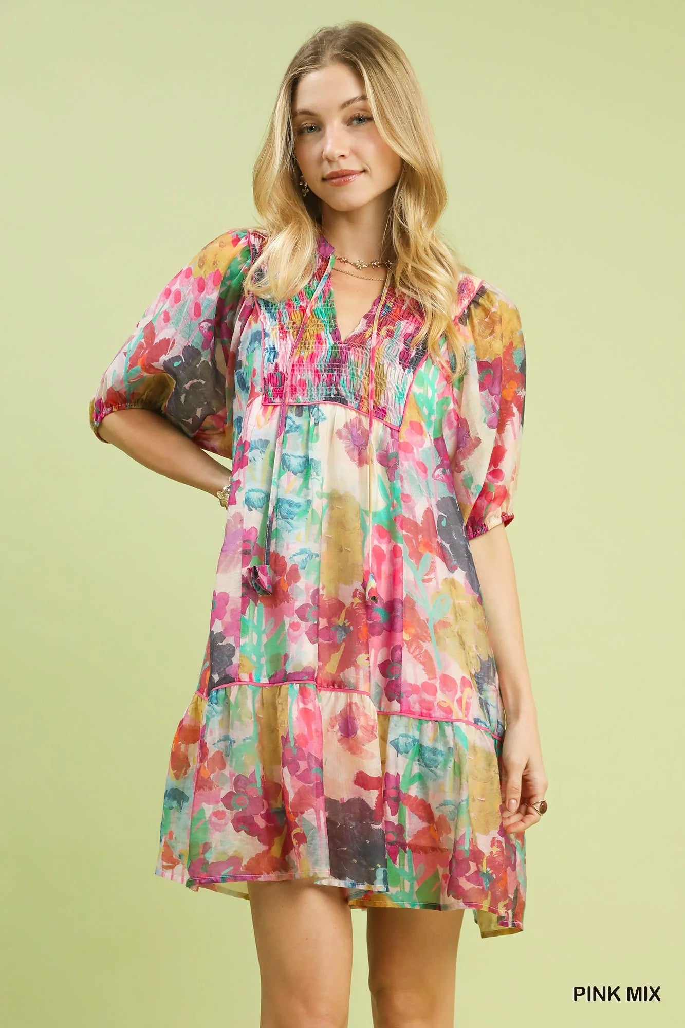 Umgee Mix Watercolor Floral Babydoll Dress-0