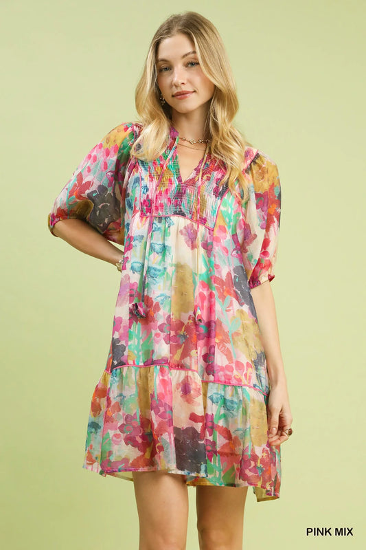 Umgee Mix Watercolor Floral Babydoll Dress-0