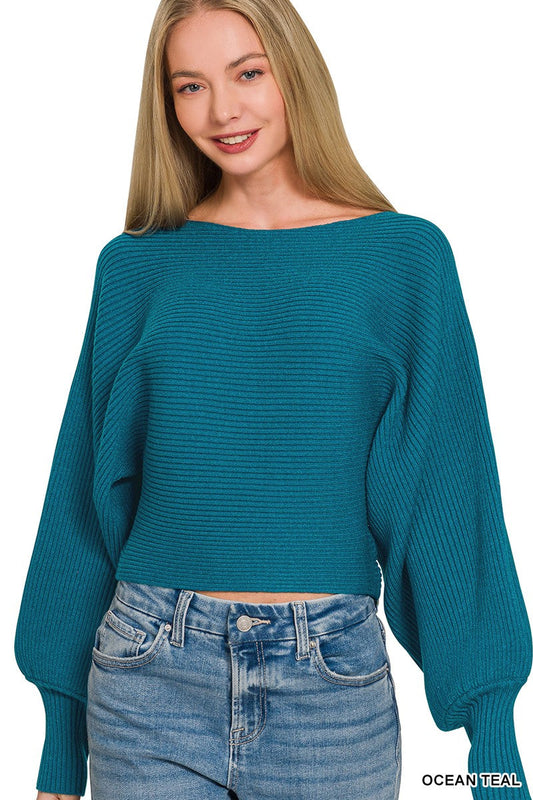Zenana Boat Neck Balloon Sleeve Sweater-0