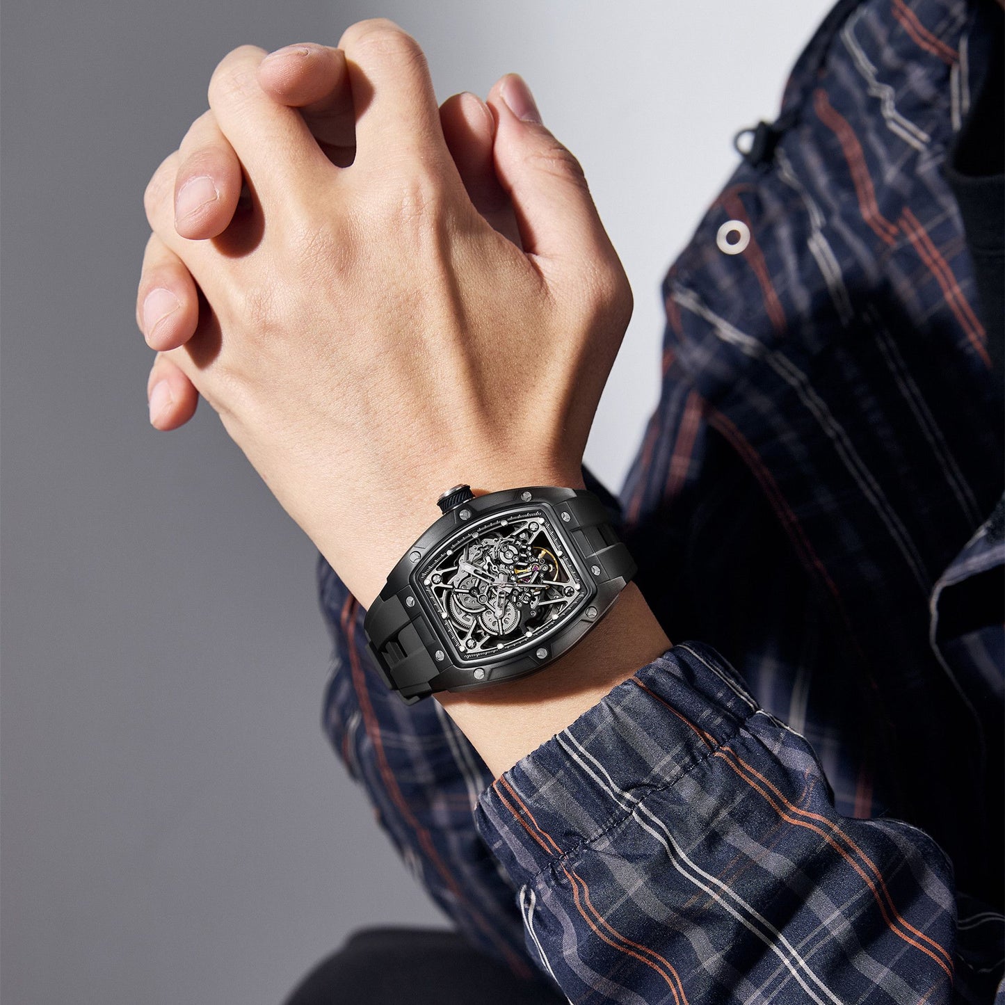 MEGIR Men's Mechanical Watch Fashion Hollow Out Automatic Movement Sport Wristwatches Waterproof Silicone Strap Watches 9198-3-5