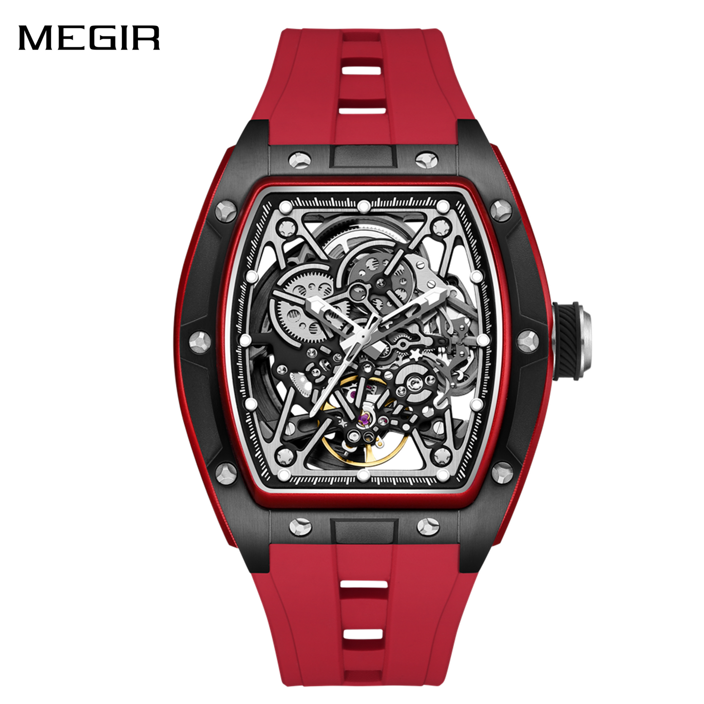 MEGIR Men's Mechanical Watch Fashion Hollow Out Automatic Movement Sport Wristwatches Waterproof Silicone Strap Watches 9198-3-0