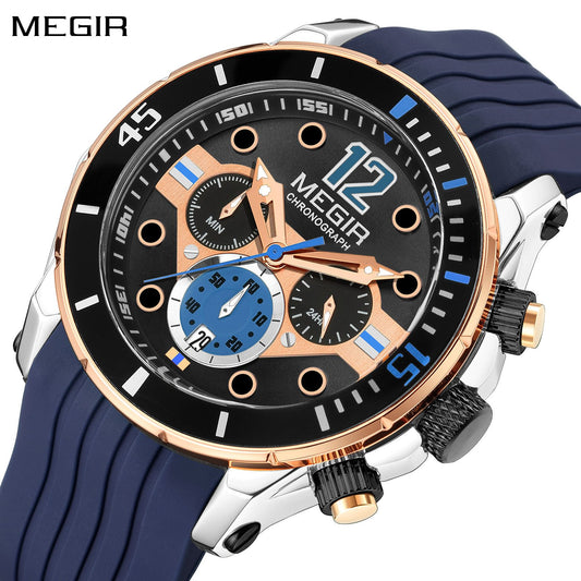 MEGIR Men's Sport Watches Chronograph Silicone Strap Waterproof Calendar Quartz Military Wristwatch Male Clock Relogio Masculino 2206-0