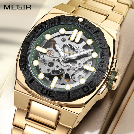MEGIR Skeleton Dial Mechanical Watches for Men Luxury Business Wristwatch Stainless Steel Waterproof Automatic Watch Clock 8606-0