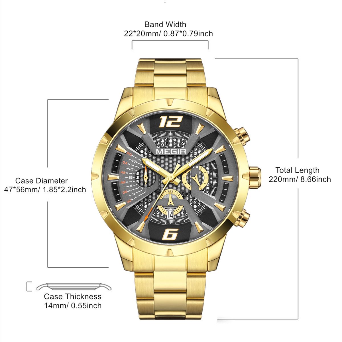 MEGIR Stainless Steel Bracelet Watch for Men Luxury Business Casual Quartz Wristwatch Date Clock Chronograph Big Dial Reloj Hombre 2221-6