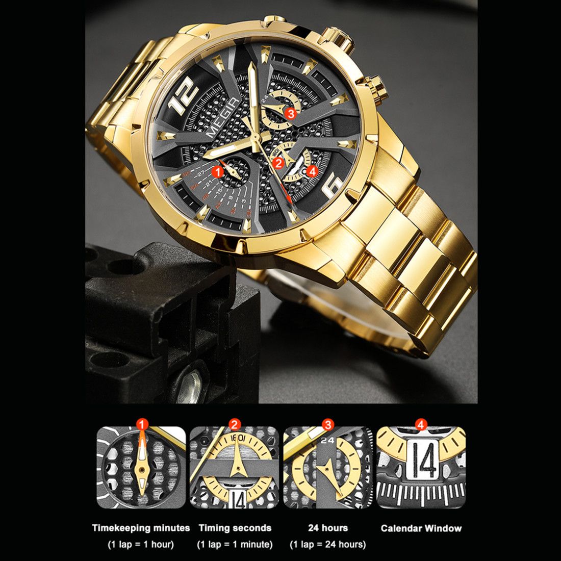 MEGIR Stainless Steel Bracelet Watch for Men Luxury Business Casual Quartz Wristwatch Date Clock Chronograph Big Dial Reloj Hombre 2221-7