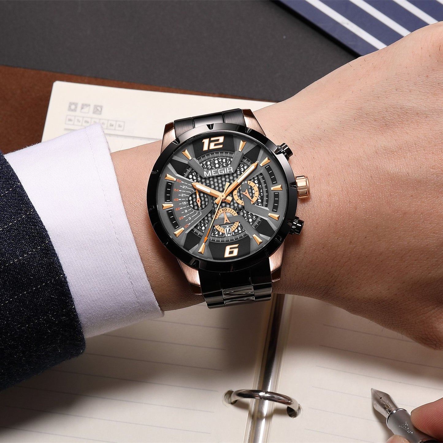 MEGIR Stainless Steel Bracelet Watch for Men Luxury Business Casual Quartz Wristwatch Date Clock Chronograph Big Dial Reloj Hombre 2221-2