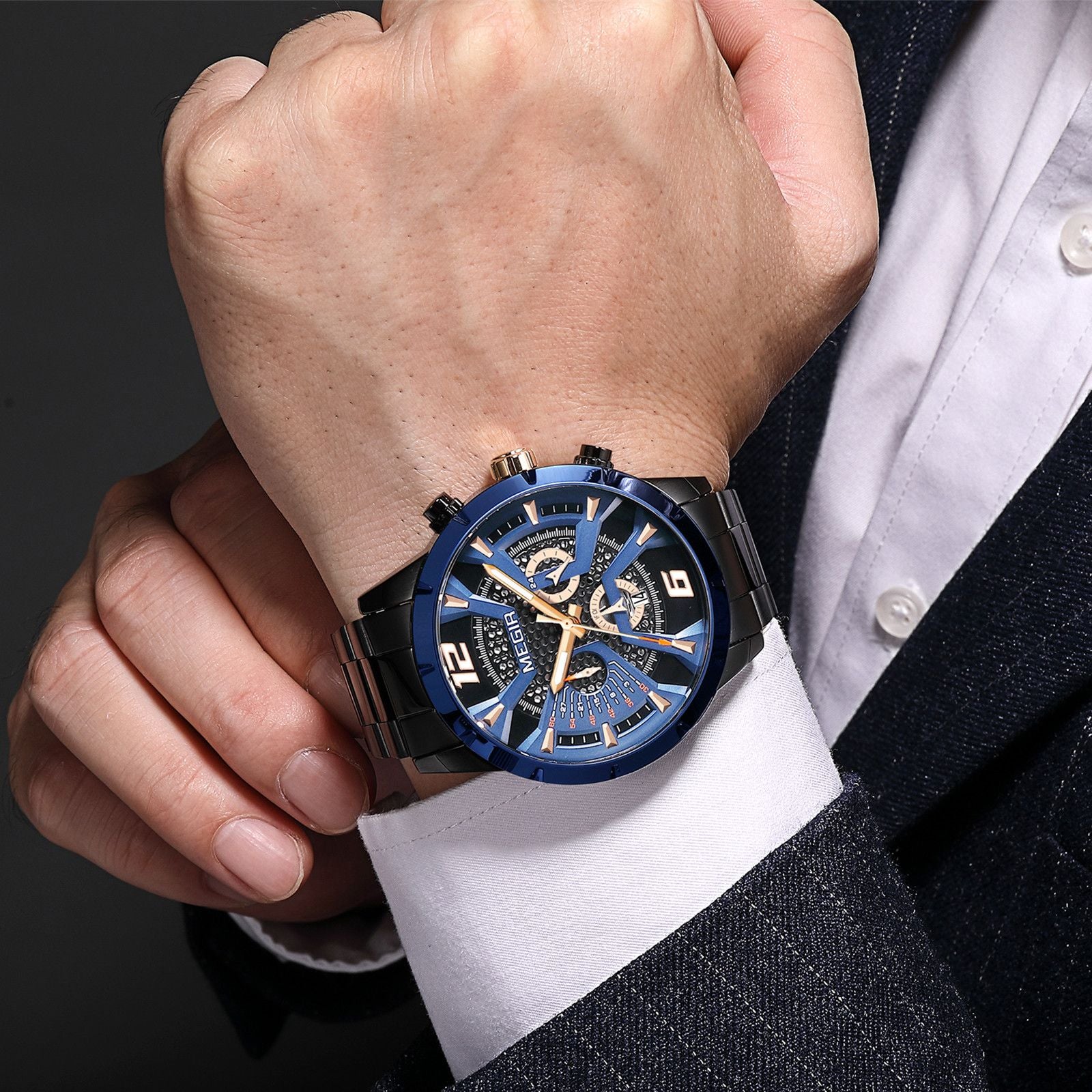 MEGIR Stainless Steel Bracelet Watch for Men Luxury Business Casual Quartz Wristwatch Date Clock Chronograph Big Dial Reloj Hombre 2221-4