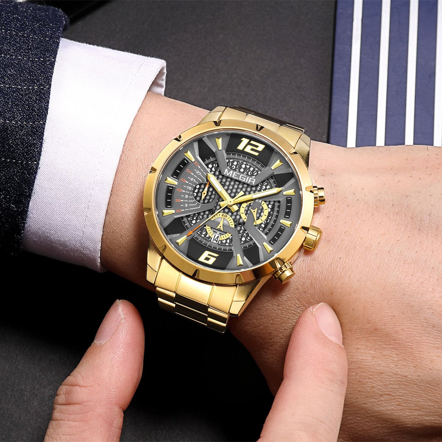 MEGIR Stainless Steel Bracelet Watch for Men Luxury Business Casual Quartz Wristwatch Date Clock Chronograph Big Dial Reloj Hombre 2221-1