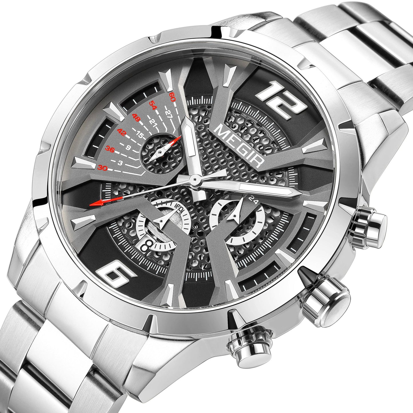MEGIR Stainless Steel Bracelet Watch for Men Luxury Business Casual Quartz Wristwatch Date Clock Chronograph Big Dial Reloj Hombre 2221-14