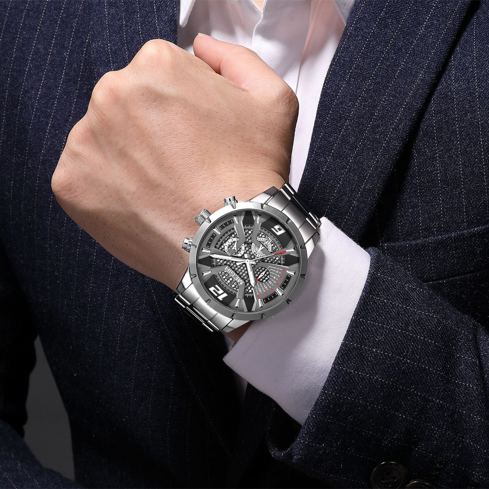 MEGIR Stainless Steel Bracelet Watch for Men Luxury Business Casual Quartz Wristwatch Date Clock Chronograph Big Dial Reloj Hombre 2221-3