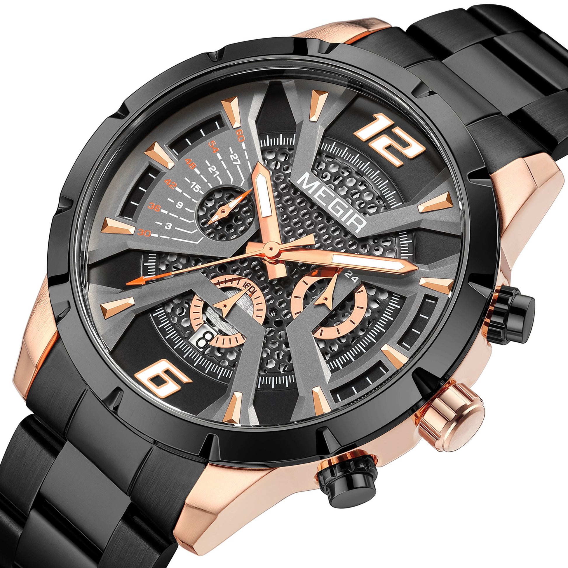 MEGIR Stainless Steel Bracelet Watch for Men Luxury Business Casual Quartz Wristwatch Date Clock Chronograph Big Dial Reloj Hombre 2221-12