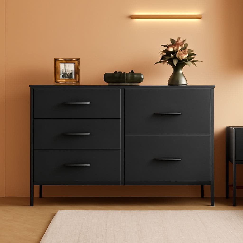 Charcoal Black Fabric Dresser With 5 Drawers For Bedroom Storage-0