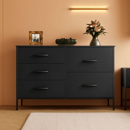 Charcoal Black Fabric Dresser With 5 Drawers For Bedroom Storage-0