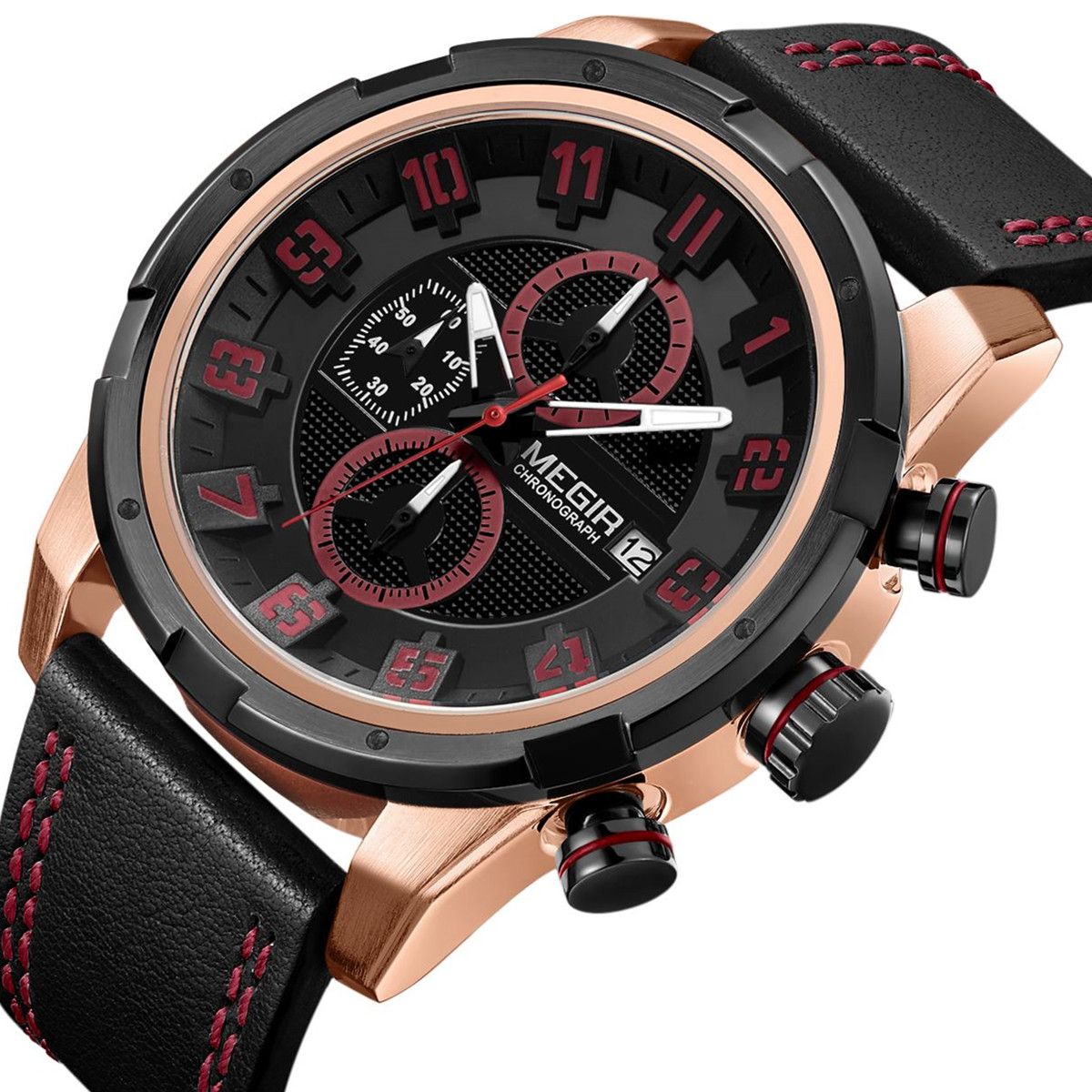 MEGIR Sport Watch for Men Leather Strap Quartz Military Wristwatch with Chronograph Waterproof Calendar Clock Reloj Hombre 2082-8