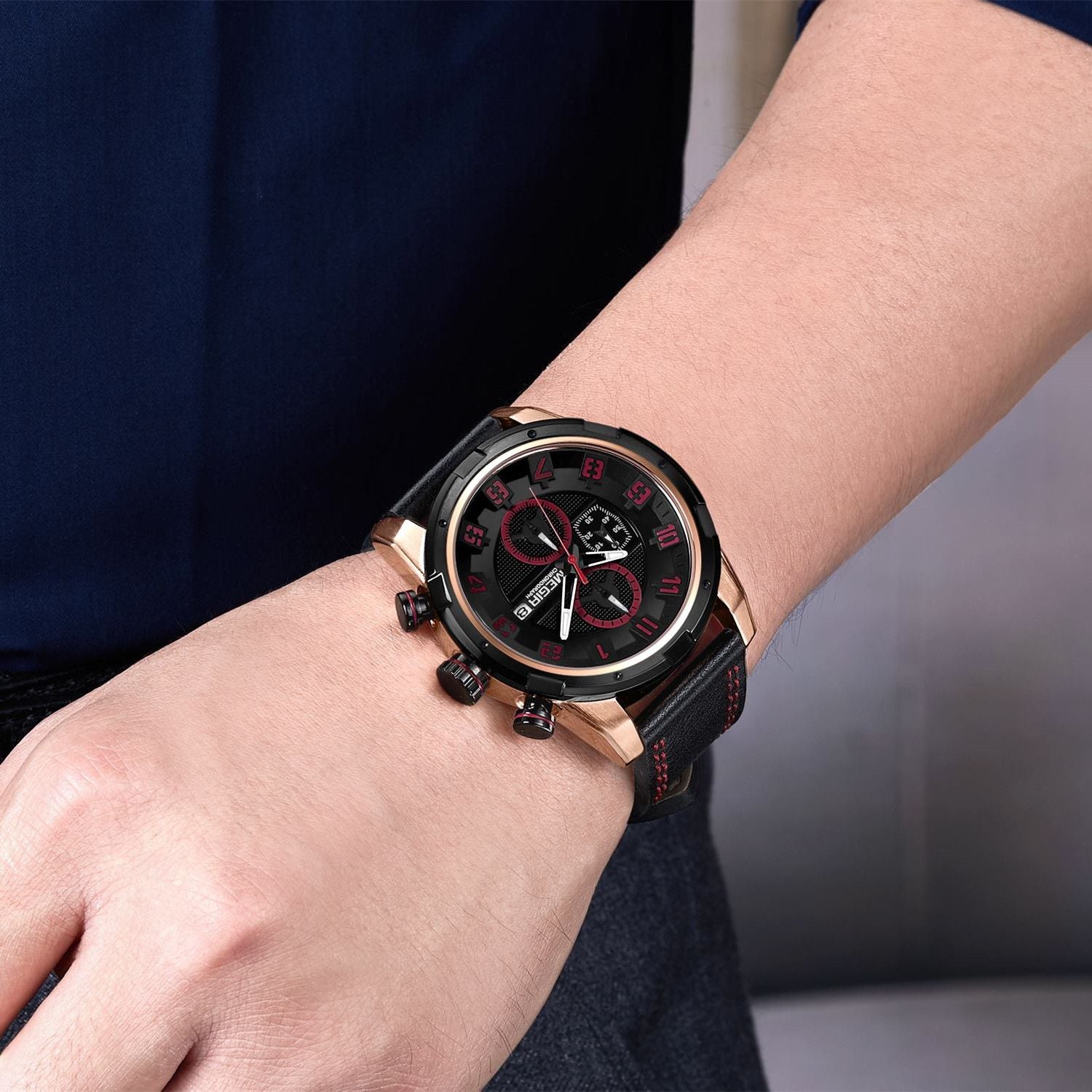 MEGIR Sport Watch for Men Leather Strap Quartz Military Wristwatch with Chronograph Waterproof Calendar Clock Reloj Hombre 2082-5