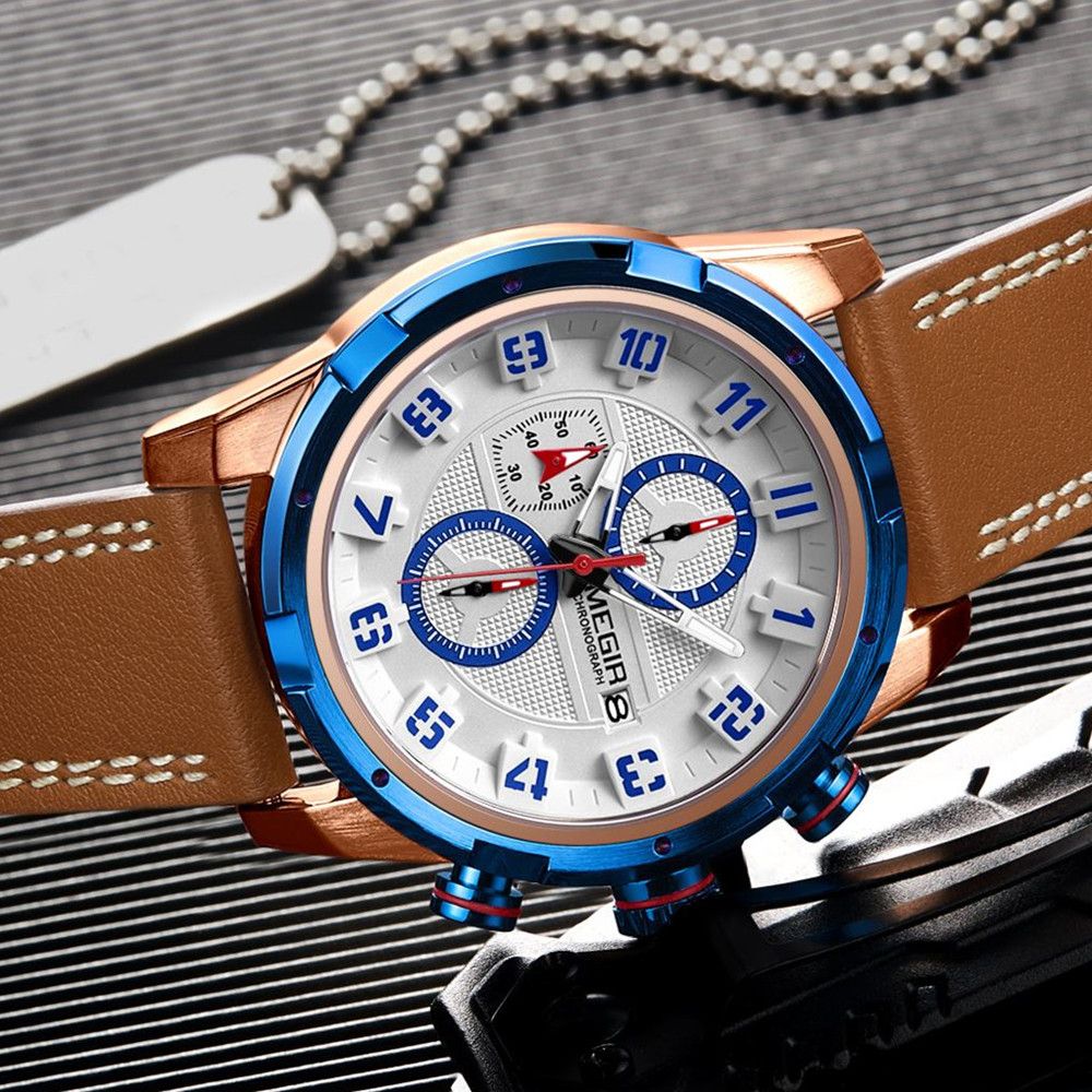 MEGIR Sport Watch for Men Leather Strap Quartz Military Wristwatch with Chronograph Waterproof Calendar Clock Reloj Hombre 2082-2