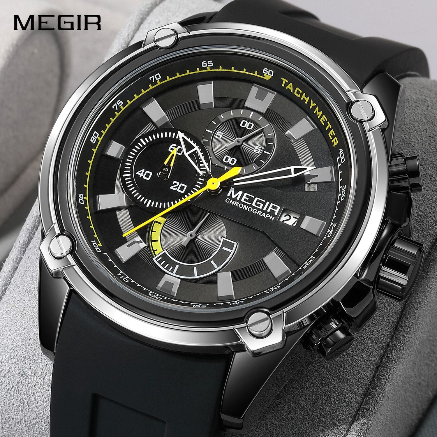 MEGIR Chronograph Luxury Brand Men Sports Watches Silicone Strap Quartz Casual Wristwatch Waterproof Calendar Reloj Hombre 2086-0