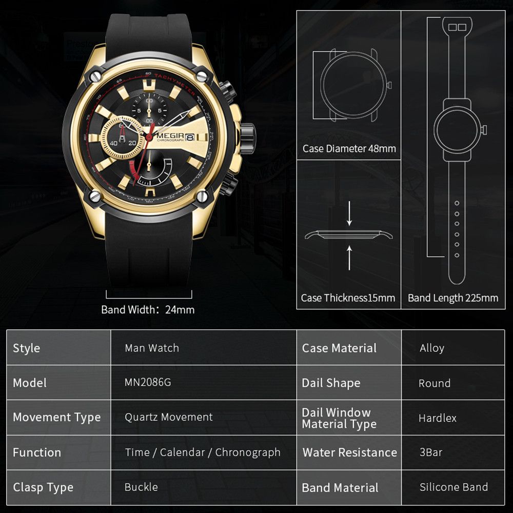 MEGIR Chronograph Luxury Brand Men Sports Watches Silicone Strap Quartz Casual Wristwatch Waterproof Calendar Reloj Hombre 2086-8