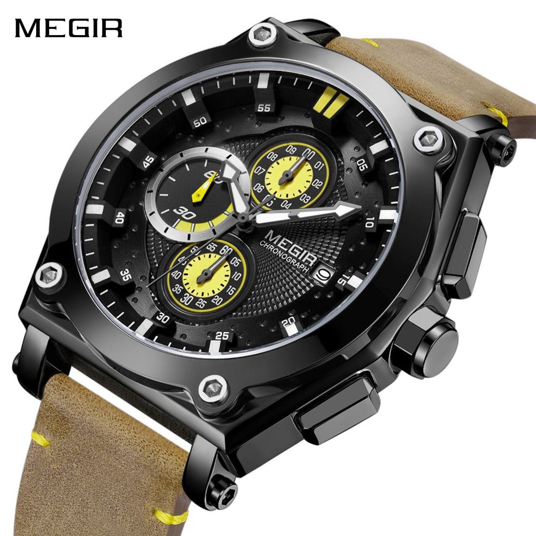 MEGIR Luxury Quartz Men Watch Multifunction Leather Strap Sport Chronograph Waterproof Man Wristwatch Clock Montre Homme 2098-0