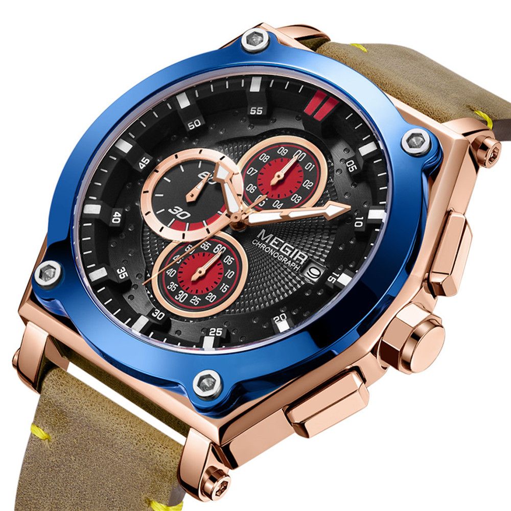 MEGIR Luxury Quartz Men Watch Multifunction Leather Strap Sport Chronograph Waterproof Man Wristwatch Clock Montre Homme 2098-10