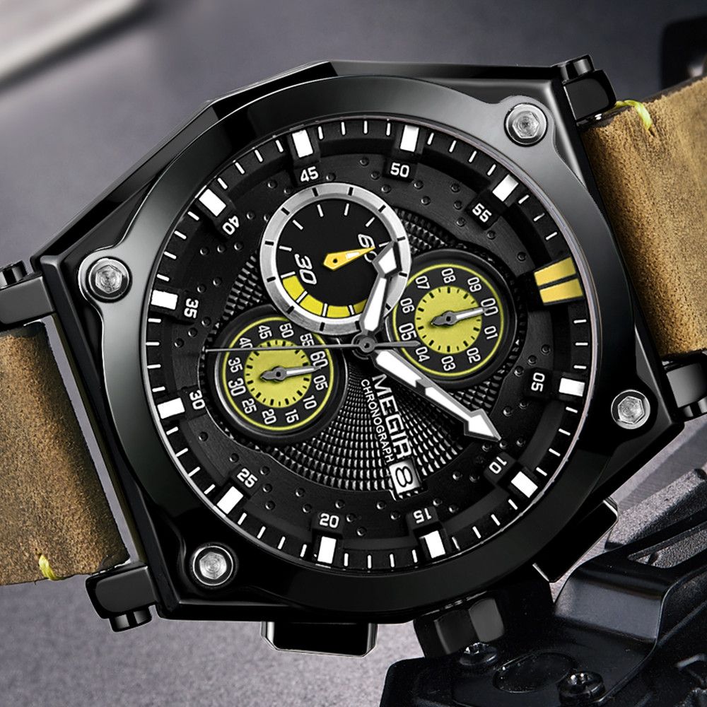 MEGIR Luxury Quartz Men Watch Multifunction Leather Strap Sport Chronograph Waterproof Man Wristwatch Clock Montre Homme 2098-5