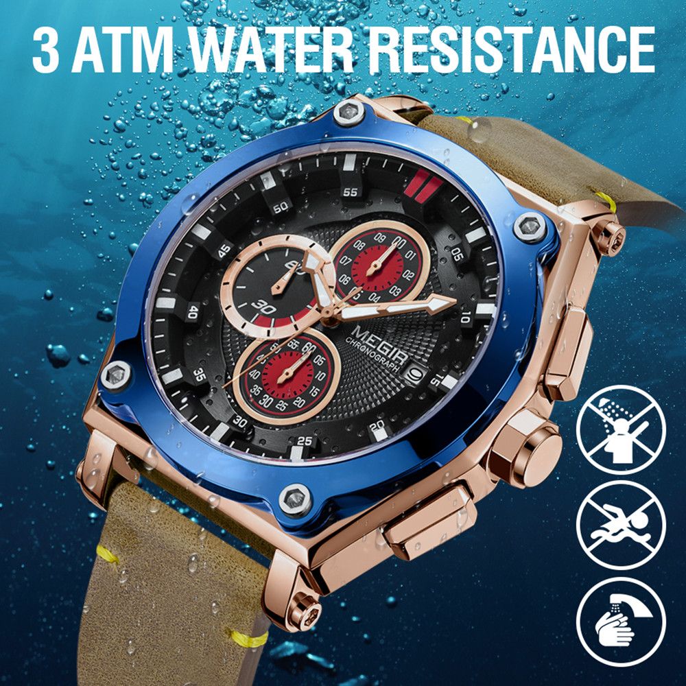 MEGIR Luxury Quartz Men Watch Multifunction Leather Strap Sport Chronograph Waterproof Man Wristwatch Clock Montre Homme 2098-9