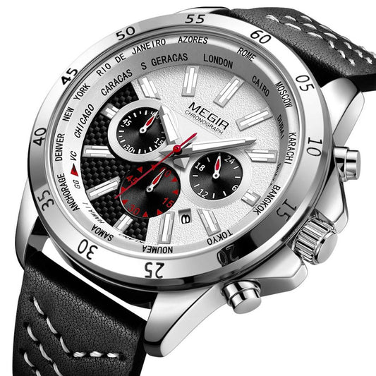 MEGIR Men Sport Watch Luxury Leather Strap Casual Quartz Chronograph Waterproof Luminous Male Wristwatch Relogio Masculino 2103-10
