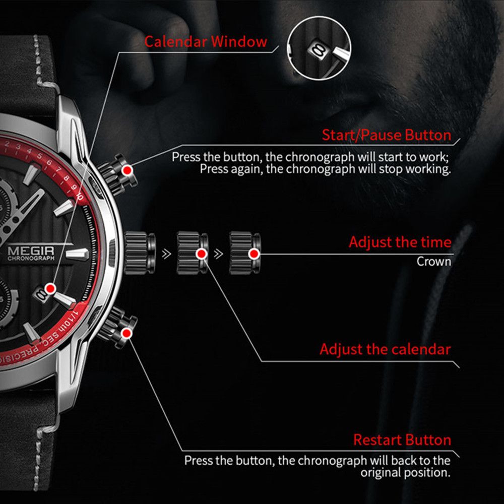 MEGIR Men's Watches Waterproof Luminous Sports Wristwatch Fashion Leather Strap Quartz Chronograph Clock Date Gift for Man 2104-3
