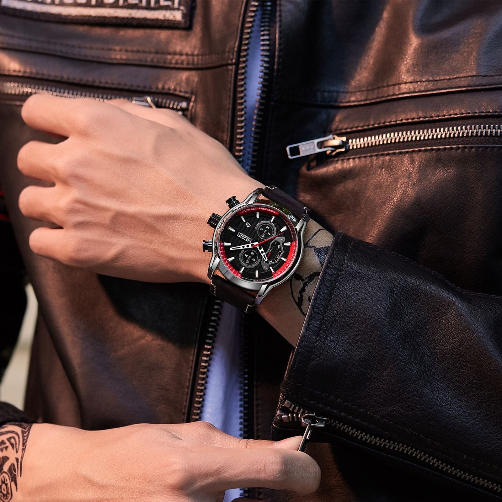 MEGIR Men's Watches Waterproof Luminous Sports Wristwatch Fashion Leather Strap Quartz Chronograph Clock Date Gift for Man 2104-1