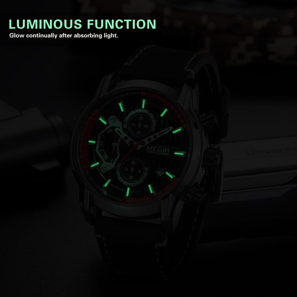 MEGIR Men's Watches Waterproof Luminous Sports Wristwatch Fashion Leather Strap Quartz Chronograph Clock Date Gift for Man 2104-5