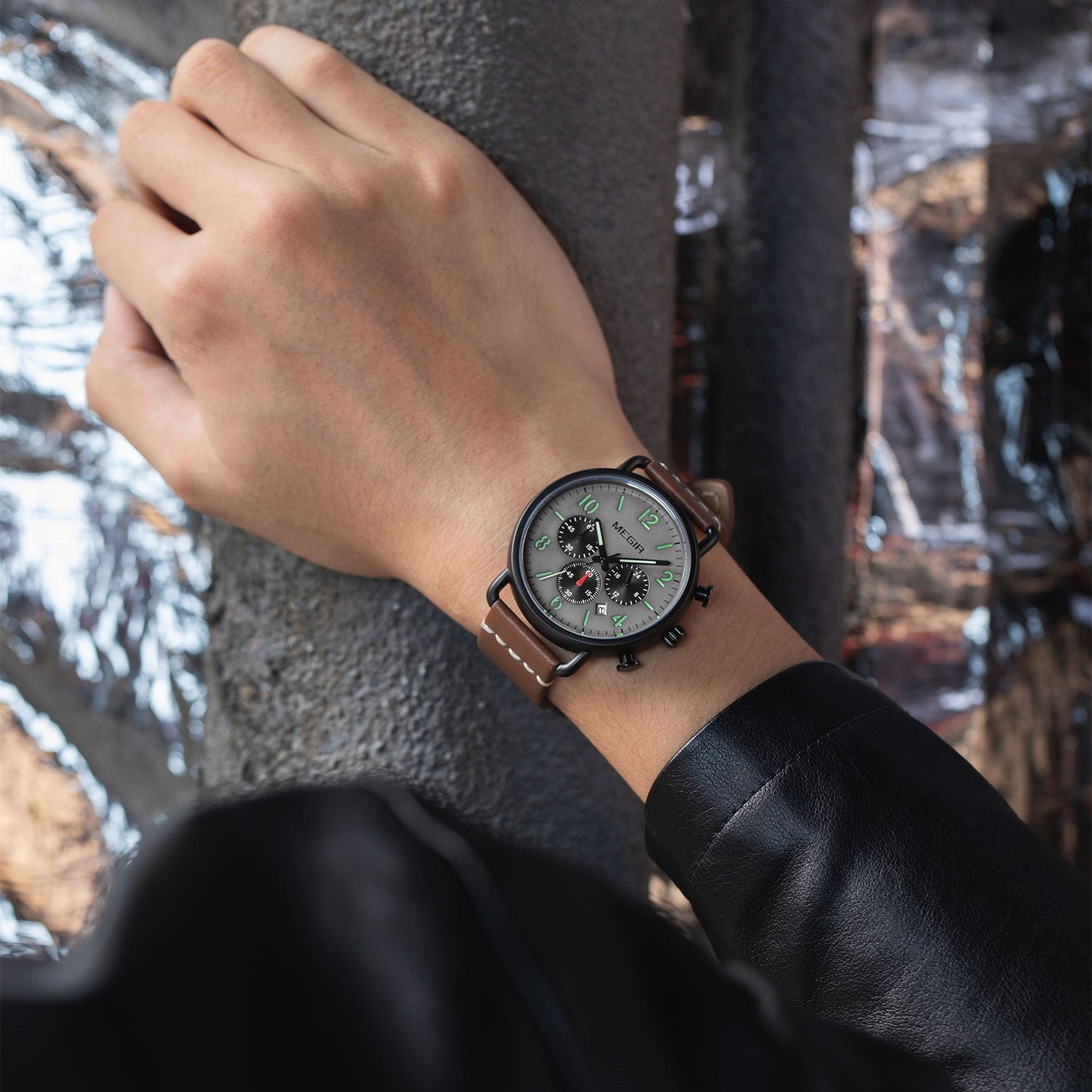 MEGIR Fashion Mens Watches Luxury Sport Quartz Wrist Watch Steel Mesh Business Casual Watches Calendar Leather Band Man Clock 2158