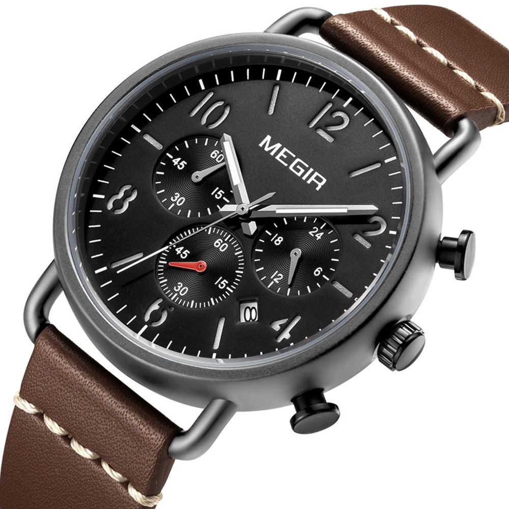 MEGIR Fashion Mens Watches Luxury Sport Quartz Wrist Watch Steel Mesh Business Casual Watches Calendar Leather Band Man Clock 2158